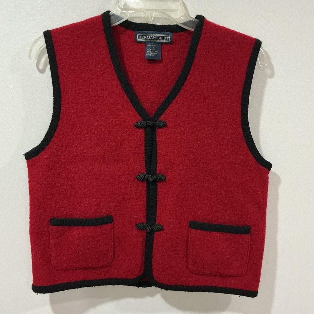 Vtg Herman Geist Wool Vest Womens Small Red Austrian Style Floral Embroidered